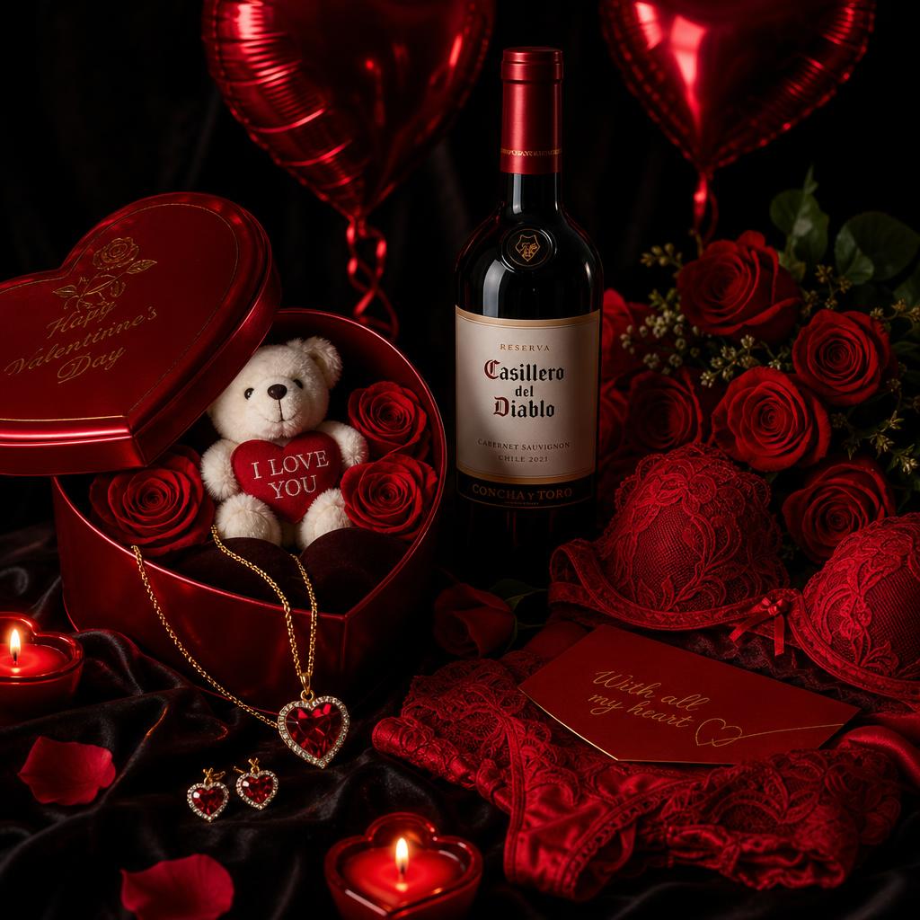 Kit Paixão Dia dos Namorados — joias, rosas, lingerie e vinho